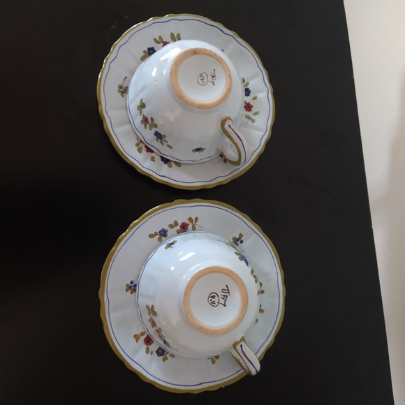 PV Peasant Village Two Cup Saucer Sets Blue Floral Italian Handmade Pottery - Picture 7 of 11